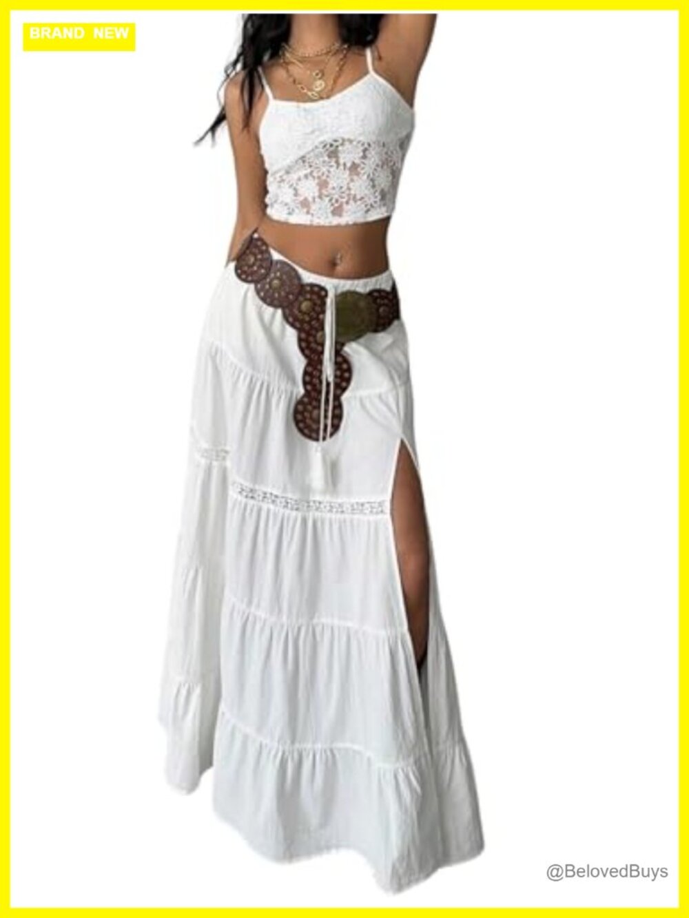 Boho Maxi Skirt Lace Ruffle High Slit Ruffle Layered Long Skirt